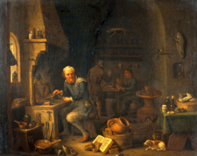 An alchemist seated at a furnace, turning away in thought, c1680s. Creator: Teniers, David, 1610-1690 (By or After).