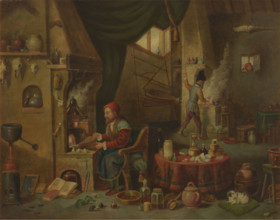 An alchemist in his laboratory, c1680s. Creator: Follower of David Teniers II.