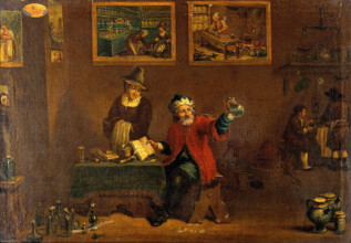 A man examining a urine flask, c1680s. Creator: Follower of David Teniers II.