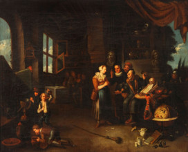 A physician examining a urine-flask, c1700. Creator: Gerard Thomas.