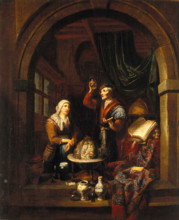A physician examining a urine-flask, c1700. Creator: Gerard Thomas.