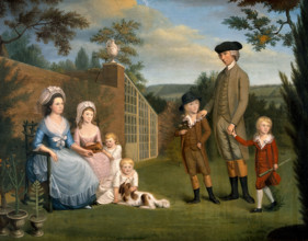 John Coakley Lettsom, physician, with his family, in the garden of Grove Hill, Camberwell, (1786?). Creator: Unknown.