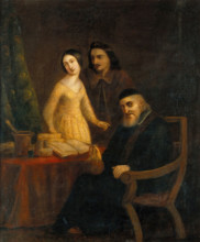 A physician holding a urine flask in the presence of a young woman and man, between 1800 and 1899. Creator: Unknown.