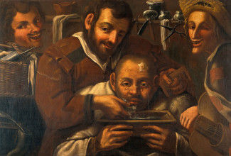 A barber-surgeon attending to a man's forehead, c16th century. Creator: Unknown.