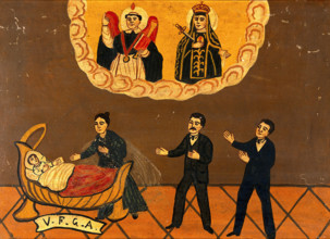 Two men and a woman praying for the health of a child, c1890. Creator: Unknown.