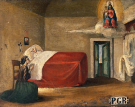A woman in bed, a second woman kneeling beside her in prayer to the Virgin and Child, 19th century. Creator: Unknown.