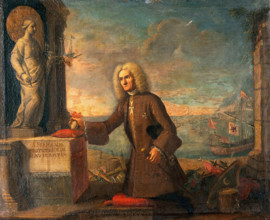 A man presenting a votive offering to Saint Fermina as protector of navigators. Creator: Unknown.