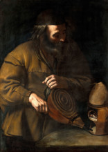 An alchemist applying bellows to a fire beneath a retort, 18th (?) century. Creator: Unknown.