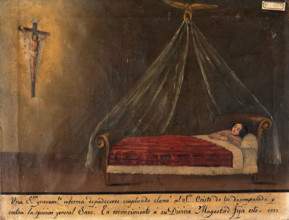 A sick woman praying to Christ on the cross, 1857. Creator: Unknown.