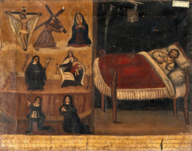 Pedro Diaz Platas with a broken arm (?), his wife (?) and son praying for him after an...1861. Creator: Unknown.