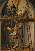 A builder falling from a platform in an apse, St Bruno (?) interceding with the... 18th/ 19th cent. Creator: Unknown.