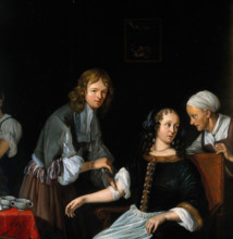 A surgeon binding up a woman's arm after bloodletting, c1700s. Creator: Jacob Toorenvliet.