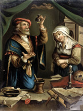 A physician examining a flask of urine brought by a young woman, c1670s. Creator: Unknown.