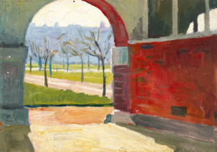 Royal Naval Hospital, Haslar: view through an arch into gardens, c1919. Creator: Jan Gordon.