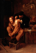 A surgeon applying medicine to a wound in the shoulder of a man in pain, 1649. Creator: Gerrit Lundens.