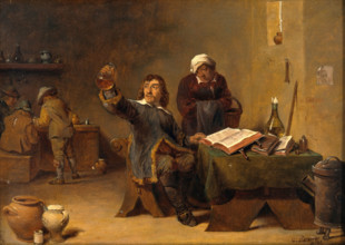A medical practitioner examining a urine flask, c1680s. Creator: Follower of David Teniers II.