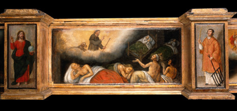 Predella with three scenes of Saint Roch, and figures of Saint Peter, Christ as..., c1580- 1620. Creator: Unknown.