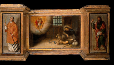 Predella with three scenes of Saint Roch, and figures of Saint Peter, Christ as..., c1580?- 1620?. Creator: Unknown.