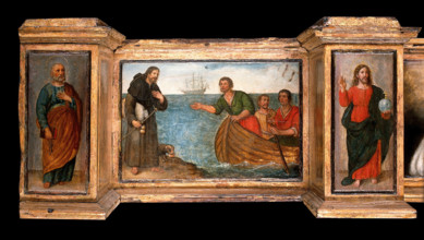 Predella with three scenes of Saint Roch, and figures of Saint Peter, Christ as..., c1580?- 1620?. Creator: Unknown.