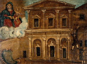 A man falling from the upper storey of a building into a courtyard. Creator: Unknown.