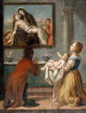 A man and a woman holding a baby before an altar, 18th (?) century. Creator: Unknown.