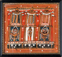 Balarama, Subhadra and Jagannath in three shrines surmounted by winged domes, c1880/1910. Creator: Unknown.