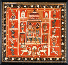 Balarama, Subhadra and Jagannath in the temple at Puri, with other figures in a..., c1880/1910. Creator: Unknown.