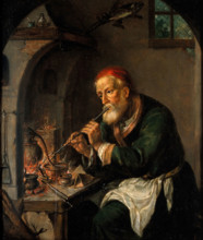 An alchemist blowing on a fire to heat a still, c1750s. Creator: Christian Wilhelm Ernst Dietrich.