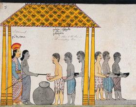 The representative of the people of Jetuttara gives alms to the poor in the victualling rooms, 1815. Creator: Unknown.