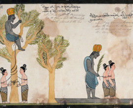 The brahmin, sitting in a tree, keeps the children of Vessantara tied up all night, and in..., 1815. Creator: Unknown.