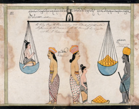 King Sanjaya redeems the children of Vessantara, paying to the brahmin the weight of the..., 1815. Creator: Unknown.