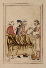 A sick man lies in bed while a physician takes his pulse and others consult. Creator: Unknown.