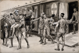 Boer War: wounded soldiers being escorted off the hospital train at Durban from Ladysmith, 1899. Creator: Frank Dadd.