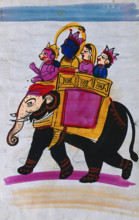 Hanuman leading an elephant carrying Rama, Sita and Laksmana. Creator: Unknown.