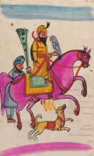 Sikh man with a falcon on horseback, identified as Guru Gobind Singh. Creator: Unknown.