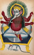 Ganesha enthroned holding his symbols with his rat. Creator: Unknown.