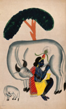 Krishna milking a cow while the calf looks. Creator: Unknown.