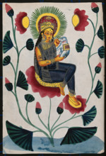 A goddess on a flowering plant holding a baby elephant, could either be Lakshmi or Parvati. Creator: Unknown.