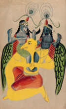 Garuda carrying two identical figures possibly Krishna and Balarama. Creator: Unknown.