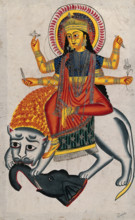 Durga riding on her lion killing a demon, (between 1800 and 1899?). Creator: Unknown.