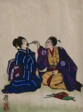 A doctor examining a woman's mouth; doctor and patient are kneeling on the floor, 1830. Creator: Unknown.