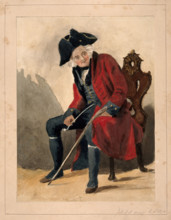 A Chelsea Pensioner, seated, wearing a red coat and tricorn hat, holding a pipe and a stick, 1750. Creator: Unknown.