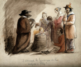 A bear wearing a hat and a cloak, selling pills to a group of country folk in Leipzig. Creator: John Frederick Tayler.