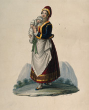 A wet-nurse dressed in Neapolitan costume holding a baby. Creator: M de Sate.