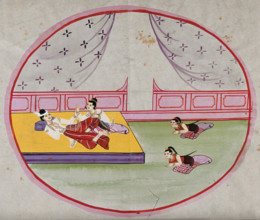 Burma: two figures reclining on a bed in a palace, while two servants pay homage, between 1800 & 189 Creator: Unknown.