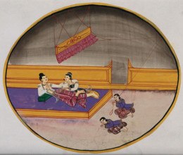 Burma: two figures reclining on a bed in a palace, while one servant swings..., between 1800 & 1899. Creator: Unknown.