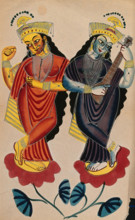 Hindu goddesses Lakshami and Saraswati playing castanets and a tambura. Creator: Unknown.