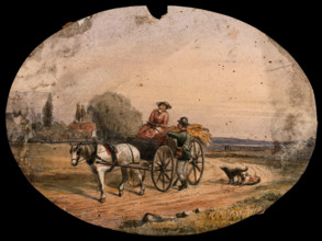 A woman driving a horse-drawn cart loaded with hay has stopped on the road to speak to a man... Creator: Unknown.