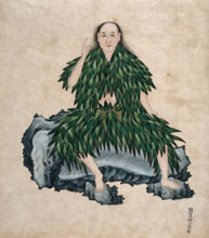 Shen Nung seated on a rock, wearing simple garments fashioned from leaves, 1800-1899. Creator: Unknown.