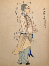 Acupuncture chart with a series of points indicated on the figure of a standing Chinese man. Creator: Unknown.